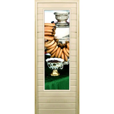 Дверь для бани со стеклом (43*129), "Самовар-3, 180×70см, коробка из осины