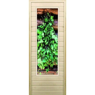 Дверь для бани со стеклом (43*129), "Веник для бани", 180×70см, коробка из осины