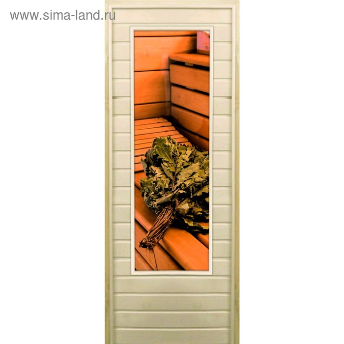 Дверь для бани со стеклом (43*129), Веник на полке, 180×70см, коробка из осины