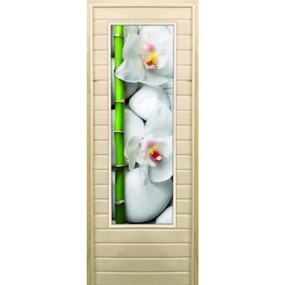 Дверь для бани со стеклом (43*129), "Орхидеи и бамбук", 180×70см, коробка из осины