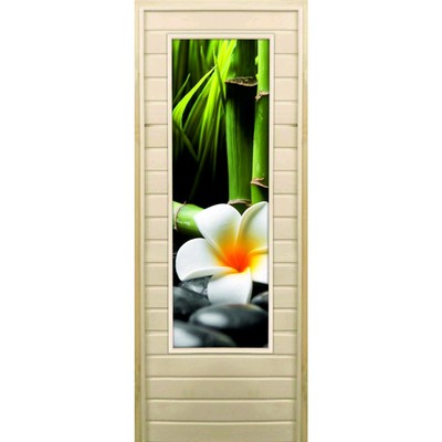 Дверь для бани со стеклом (43*129), "Цветы и бамбук", 190×70см, коробка из осины