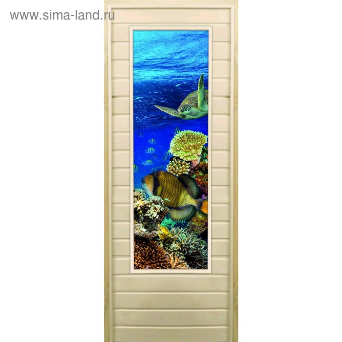 Дверь для бани со стеклом (43*129), Морской мир, 180×70см, коробка из осины