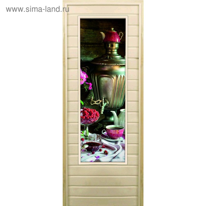 Дверь для бани со стеклом (43*129), "Самовар-2", 170×70см, коробка из осины - Фото 1