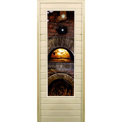 Дверь для бани со стеклом (43*129), "Печь", 180×70см, коробка из осины