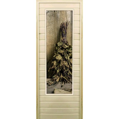 Дверь для бани со стеклом (43*129), "Веник в бане-2", 170×70см, коробка из осины