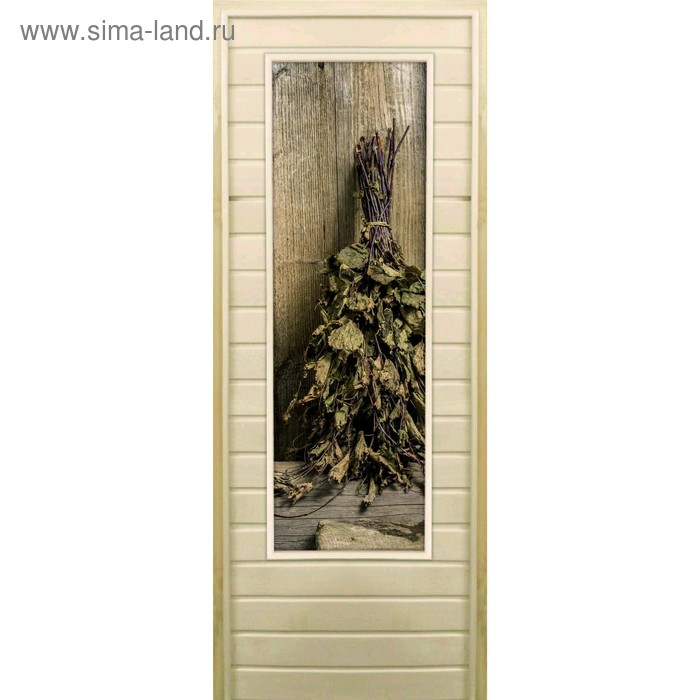 Дверь для бани со стеклом (43*129), "Веник в бане-2", 170×70см, коробка из осины - Фото 1
