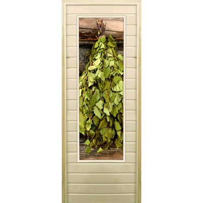 Дверь для бани со стеклом (43*129), "Веник в бане-1", 190×70см, коробка из осины