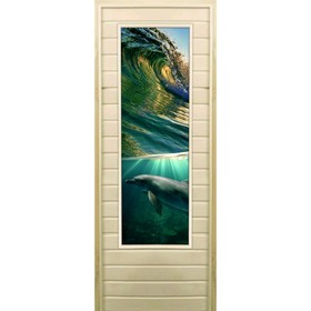 Дверь для бани со стеклом (43*129), "Дельфины", 170×70см, коробка из осины
