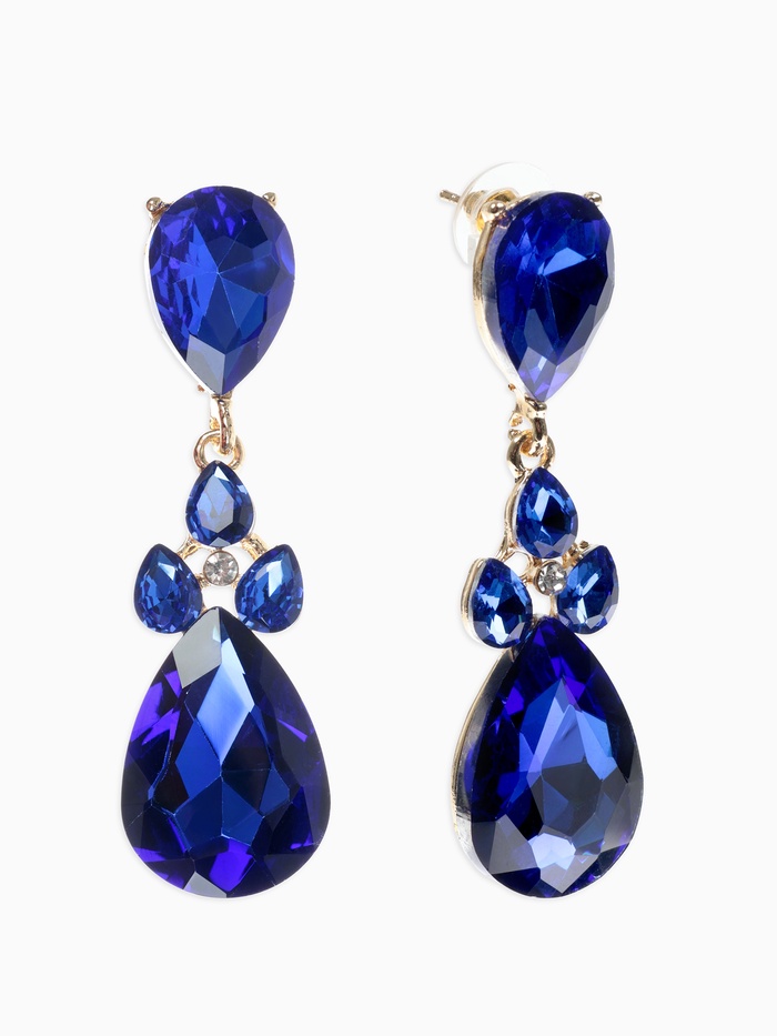 Серьги висячие со стразами «Вечеринка», цветок из капель, сине-белые в золоте, 6.3 см