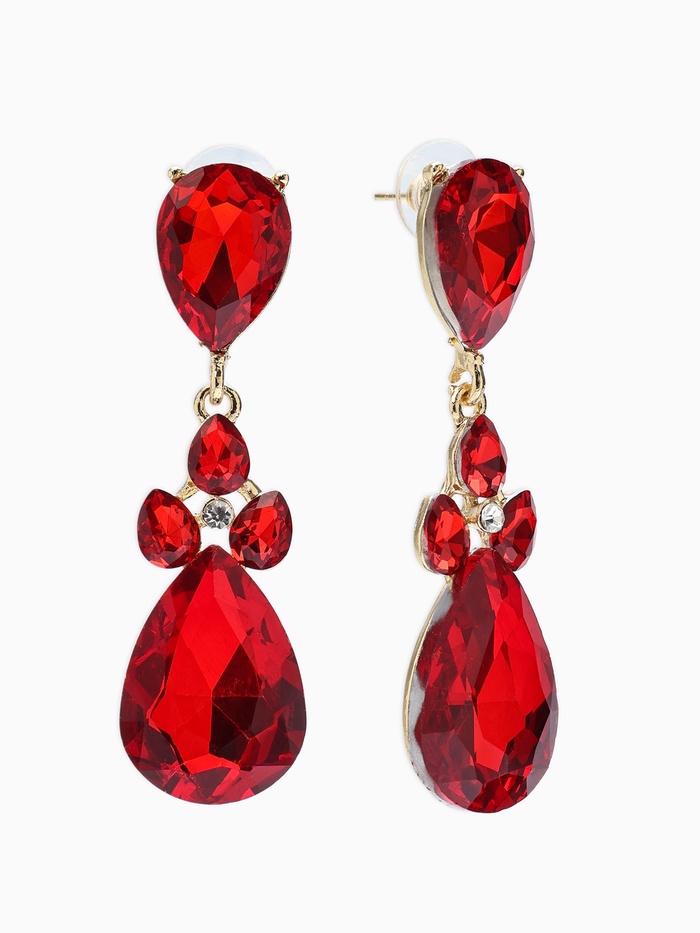 Серьги висячие со стразами «Вечеринка», цветок из капель, красно-белые в золоте, 6.3 см