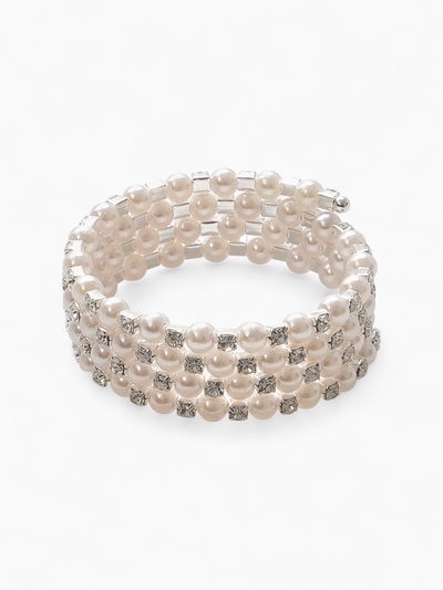 Браслет жемчуг «Пружинка» стразинки, шар №6, цвет белый в серебре, d=6 см