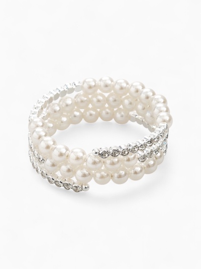 Браслет жемчуг «Пружинка» стразы, шар №8, цвет белый в серебре, d=6 см