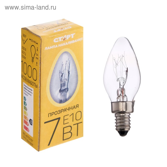 Лампа накаливания для ночников "Старт", Е10, 7 Вт, 230 В - Фото 1