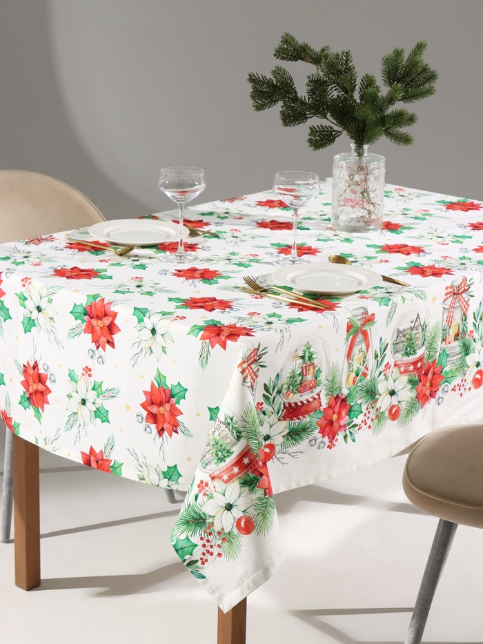 Скатерть новогодняя «Этель» Christmas red flowers, 149×220 см с ГМВО, 100% хлопок, саржа 190 г/м² - Фото 1