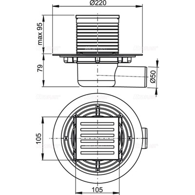 Трап Alcaplast APV103, 105×105/50 мм, боковой сток, гидрозатвор мокрый