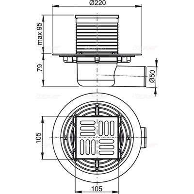 Сливной трап Alcaplast APV1321, 105×105/50 мм, боковой сток, гидрозатвор комбинированный