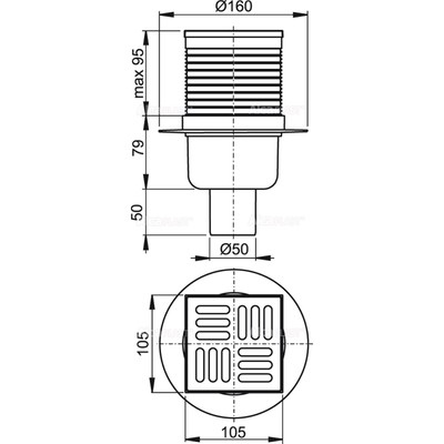 Трап Alcaplast APV2, 105×105/50 мм, прямой сток, гидрозатвор мокрый