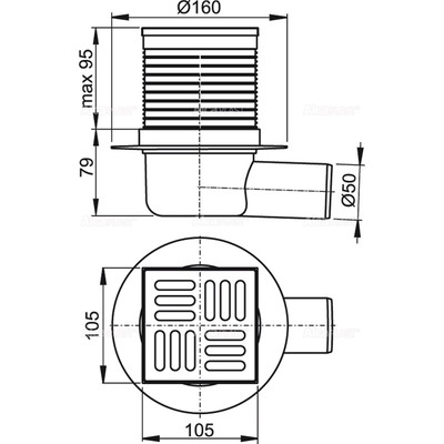 Сливной трап Alcaplast APV31, 105×105/50 мм, боковой сток, гидрозатвор комбинированный