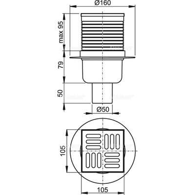Трап Alcaplast APV32, 105×105/50 мм, прямой сток, гидрозатвор комбинированный