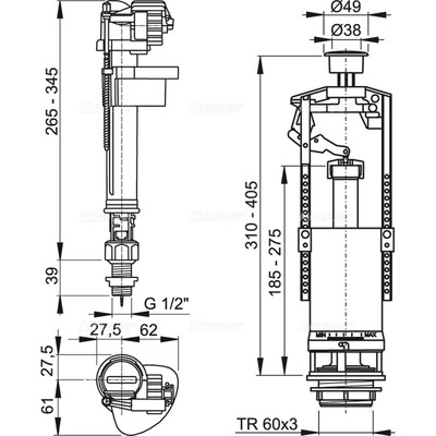 Выпускной комплект Alcaplast SA2000S 1/2" CHROM, со стоп кнопкой, с нижней пласт. подводкой)
