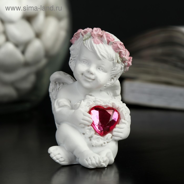 Сувенир полистоун "Ангелок в розовом веночке с красным сердечком" 5,5х4х3 см - Фото 1