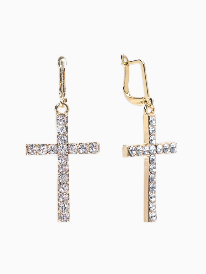 Серьги со стразами «Крестики», на квадрате удлинённые, белые в золоте