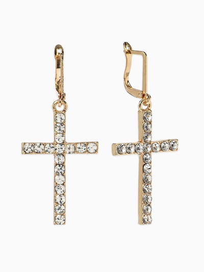Серьги со стразами «Крестики», классика удлинённые, белые в золоте