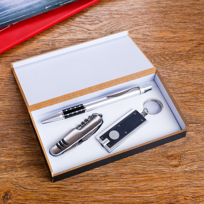 Набор подарочный 3в1 (ручка, нож 3в1, фонарик черный) - Фото 1