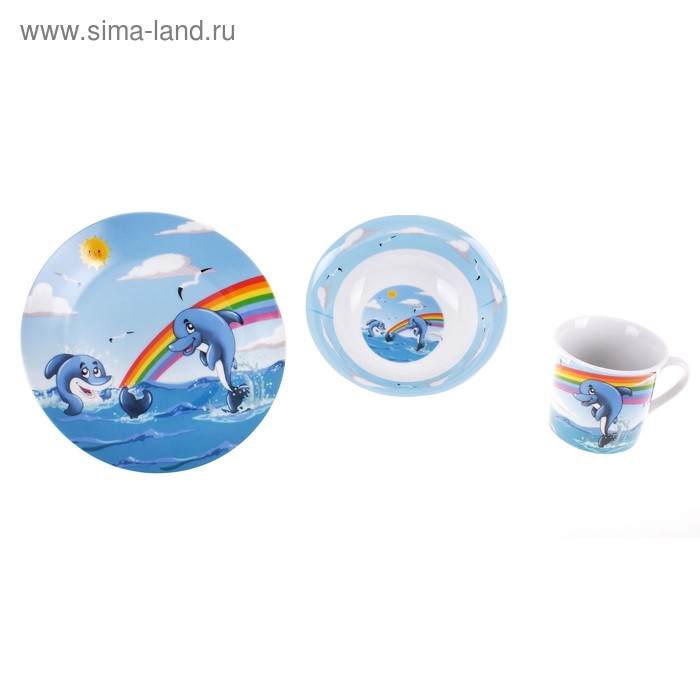 Набор посуды «Дельфины», 3 предмета: кружка 210 мл, миска 15,2×5 см, тарелка 19 см - Фото 1