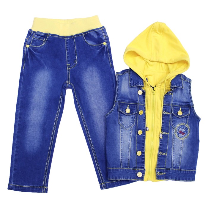 Костюм джинсовый для мальчиков, рост 110 см, цвет синий, жёлтый