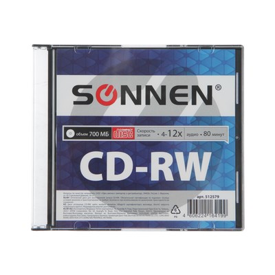 Диск CD-RW SONNEN, 4-12x, 700 Мб, Slim Case, 1 шт