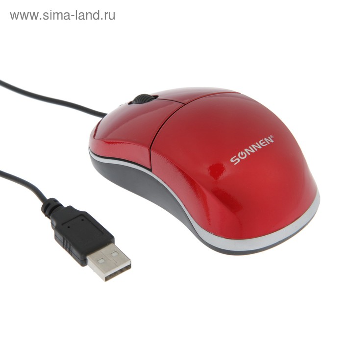 Мышь SONNEN М-2241R, проводная, оптическая, 1000 dpi, USB, 1.3 м, красная - Фото 1