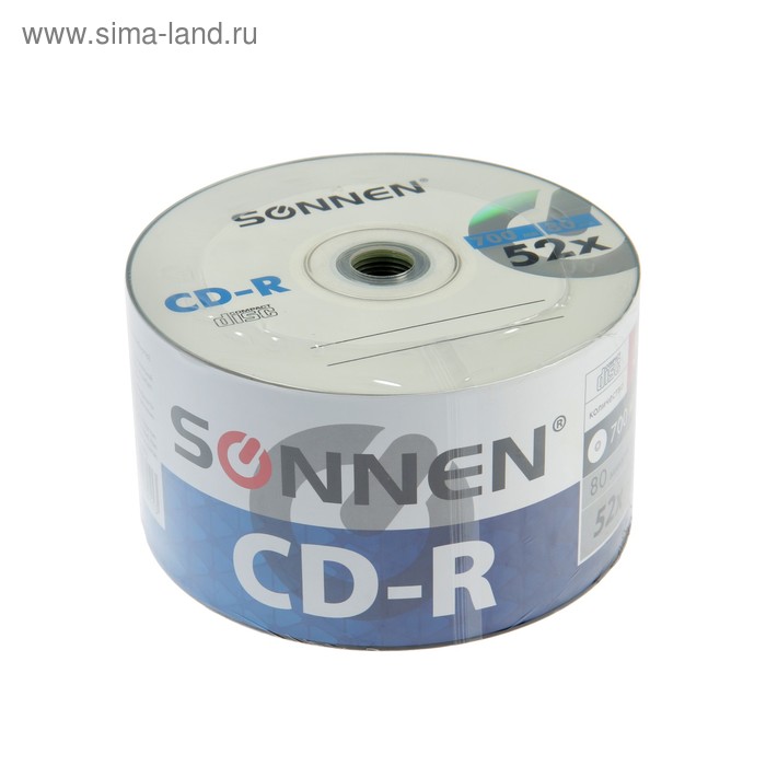 Диск CD-R SONNEN, 52x, 700 Мб, спайка, 50 шт. - Фото 1