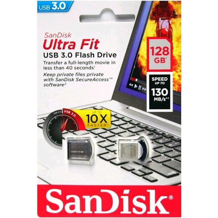 Флешка USB 3.0 SanDisk Cruzer Ultra Fit SDCZ430-128G-G46, 128Гб, чёрный - фото 51476615