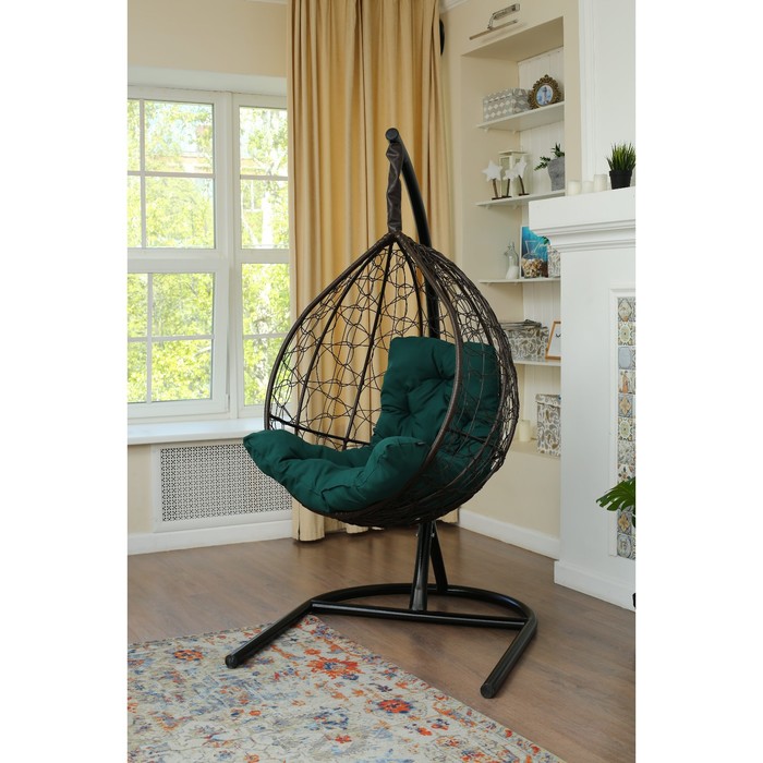 Подвесное кресло «Бароло», капля, цвет коричневый, подушка зелёная, стойка - фото 1908566698