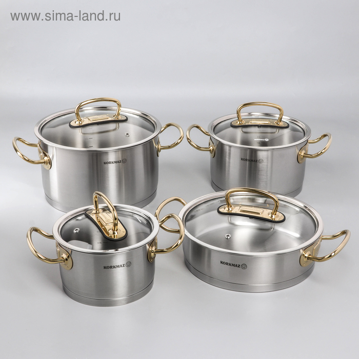 Набор посуды Korkmaz Pro line Gold, 4 предмета: кастрюля 2/4/6,3 л, жаровня 3,1 л - Фото 1
