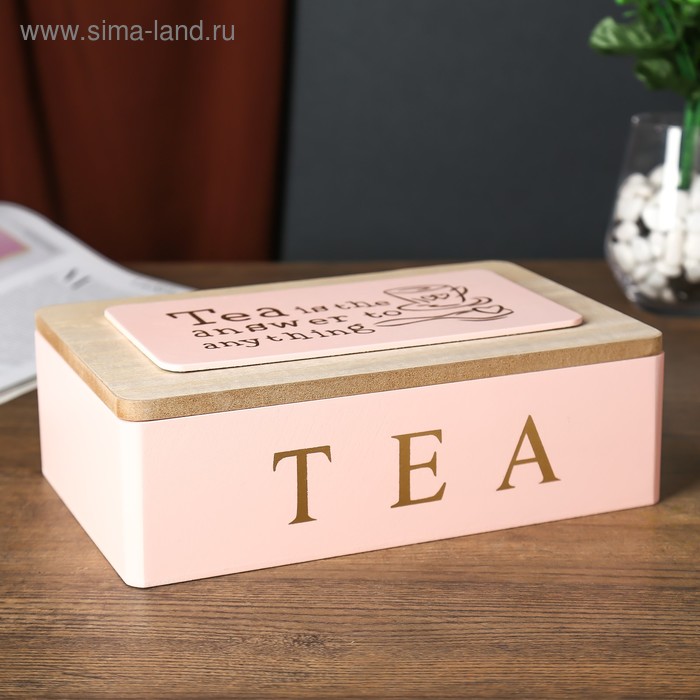 Шкатулка для чая с делениями «Чайная», дерево, розовая с золотом, 7.5×15×23 см - Фото 1
