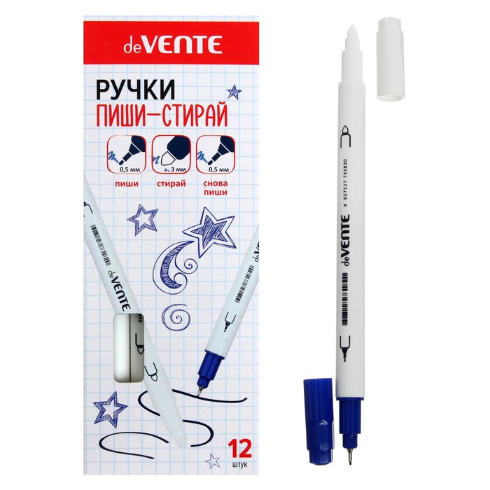 Ручка со стираемыми чернилами капилярная deVENTE, 0,5 мм и 3 мм, белый корпус, чернила синие - Фото 1