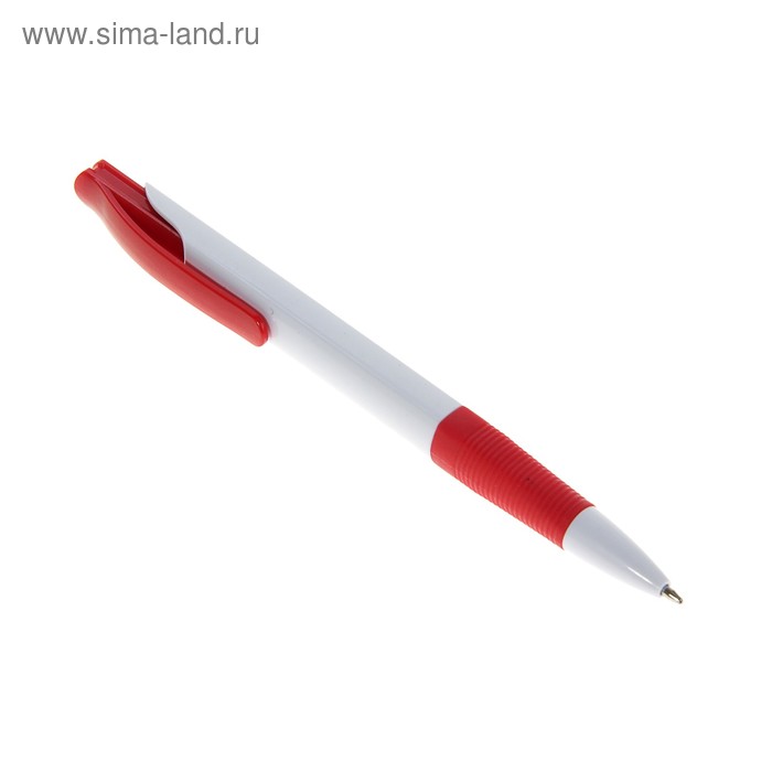 Ручка шариковая автоматическая Лого, Квадрат, белая с красным резиновым держателем и клипом - Фото 1