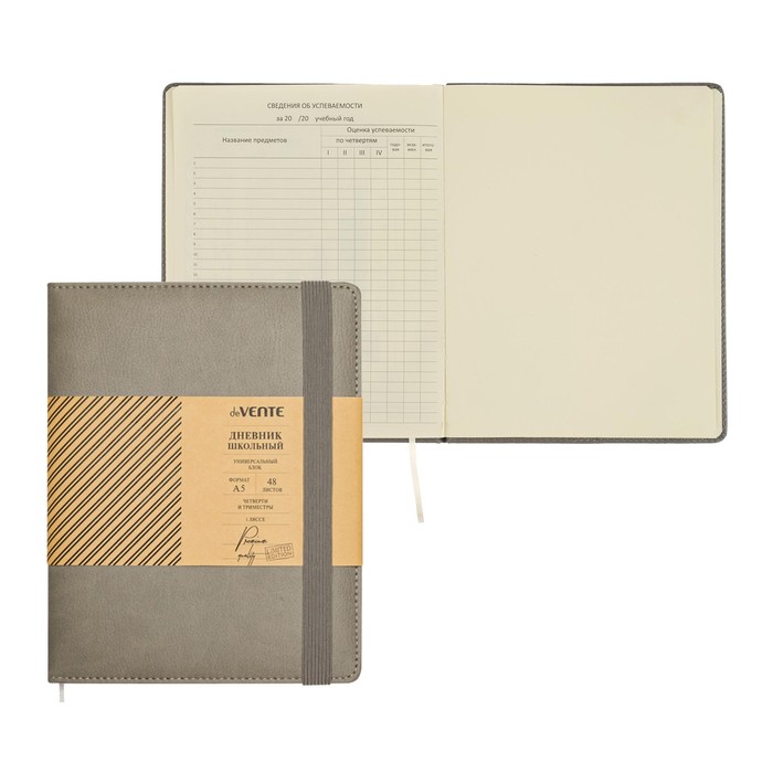 Дневник универсальный для 1-11 классов Grey, твёрдая обложка, искусственная кожа, резинка, ляссе, тонированный блок, 48 листов