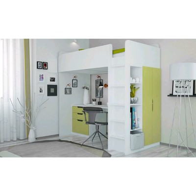 Кровать-чердак Polini kids Simple, с письменным столом и шкафом, цвет белый-зелёный