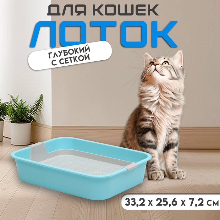 Туалет «Мур-мяу» для кошек, с сеткой, 33×25×7 см, голубой - Фото 1