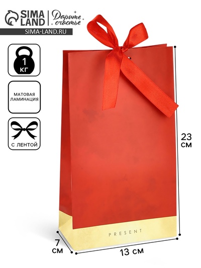 Пакет подарочный с лентой, упаковка, «Present», 13×23×7 см