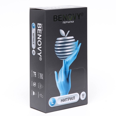 Перчатки Benovy, нитриловые, медицинские, голубые, 3 г, L, 50 пар/уп