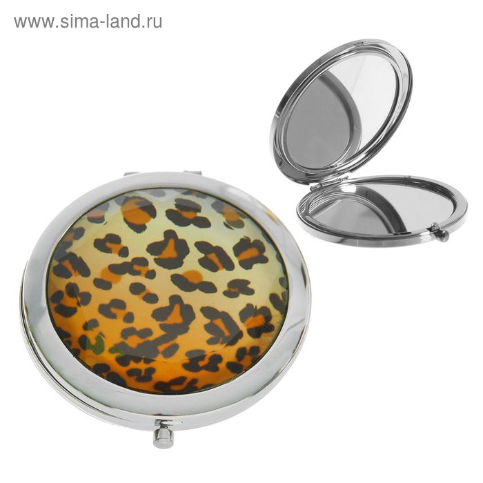 Зеркало складное, круглое, с двукратным увеличением, двустороннее, d=7см, цвет оранжевый леопард - Фото 1