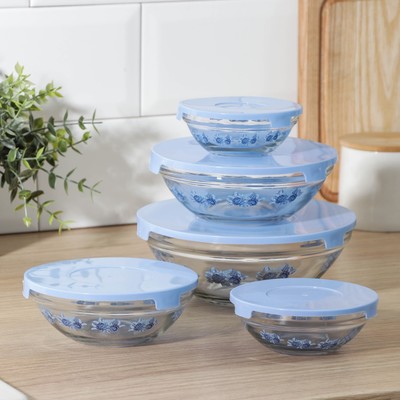 Набор салатников с крышками «Синева», 5 шт: 130/200/350/480/900 мл, цвет синий