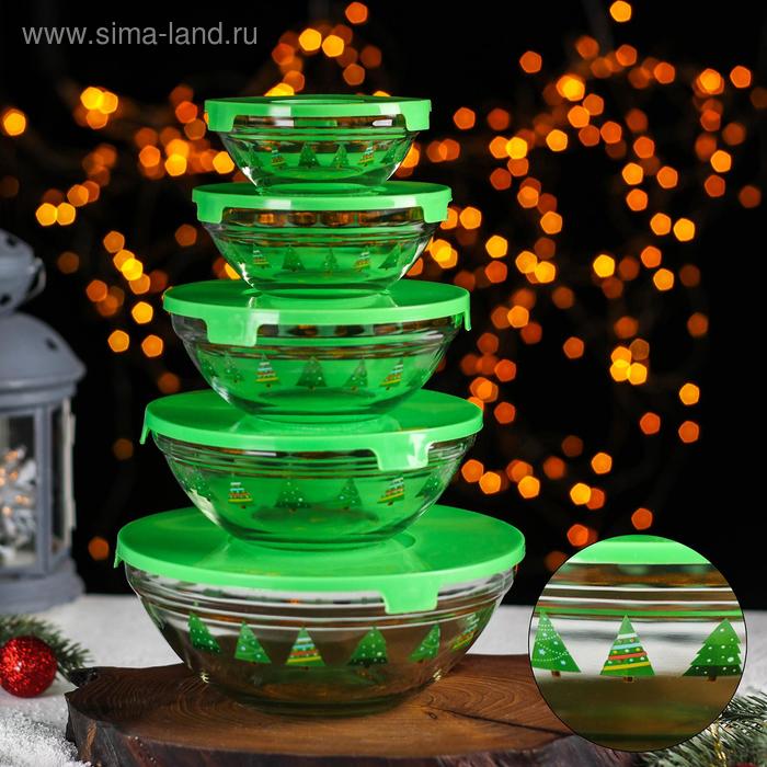 Набор салатников с крышками «Новый год», 5 шт: 130/200/350/500/900 мл, цвет зелёный - Фото 1