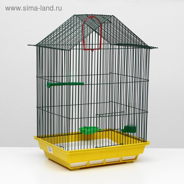 Клетка для птиц большая, крыша-домик, комплект, 34 х 28 х 54 см, жёлтый/зелёный - Фото 1