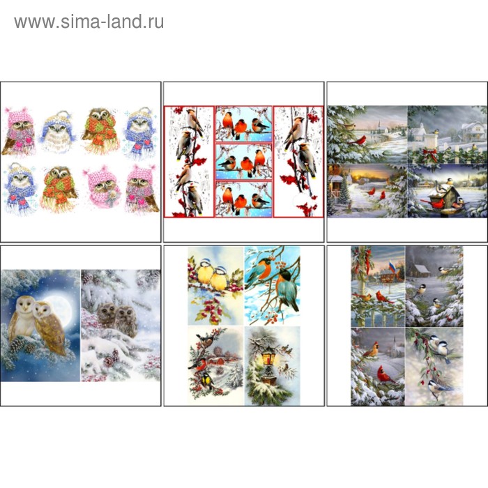 Набор декупажных карт 6 шт "Птицы зимой" А4, 45 г/м2 - Фото 1