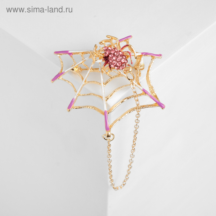 Брошь «Паук» в паутине, с цепочками, цвет малиновый в золоте - Фото 1